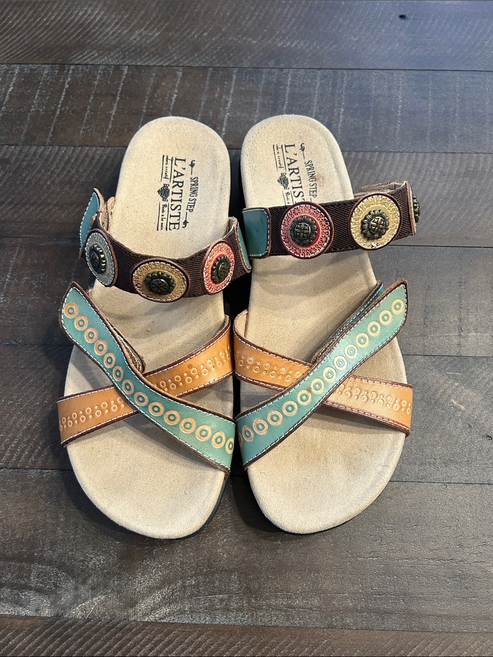 L'ATISTE Teal and Tan Decorative Strap Slide Sandals